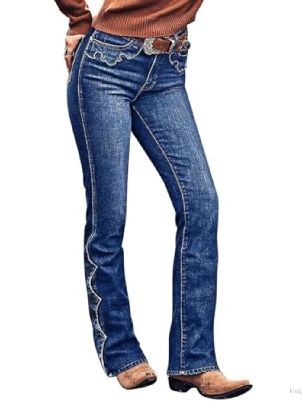 Mid Waist Boot Cut Stretchy Jeans Tummy Control Stitch Detail Flare